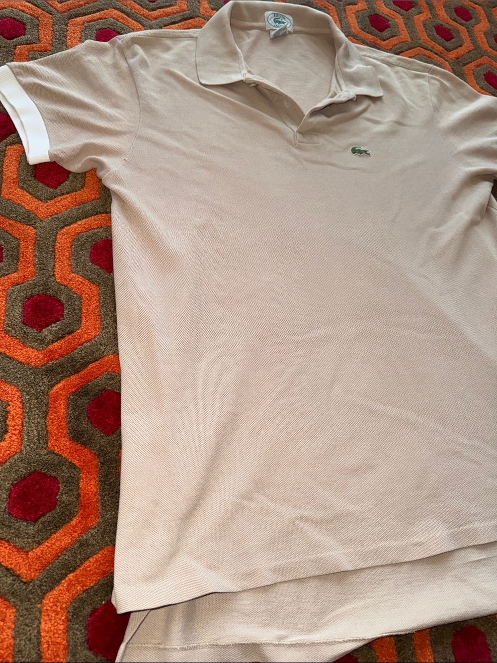 MAKE OFFER! Vintage Izod Lacoste Beige Short-Sleeve Polo Shirt White Trim Men XL